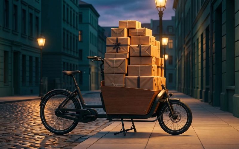 A delivery cargo bike loaded high with neatly wrapped packages on a warm-lit dusk street - one order made much bigger.