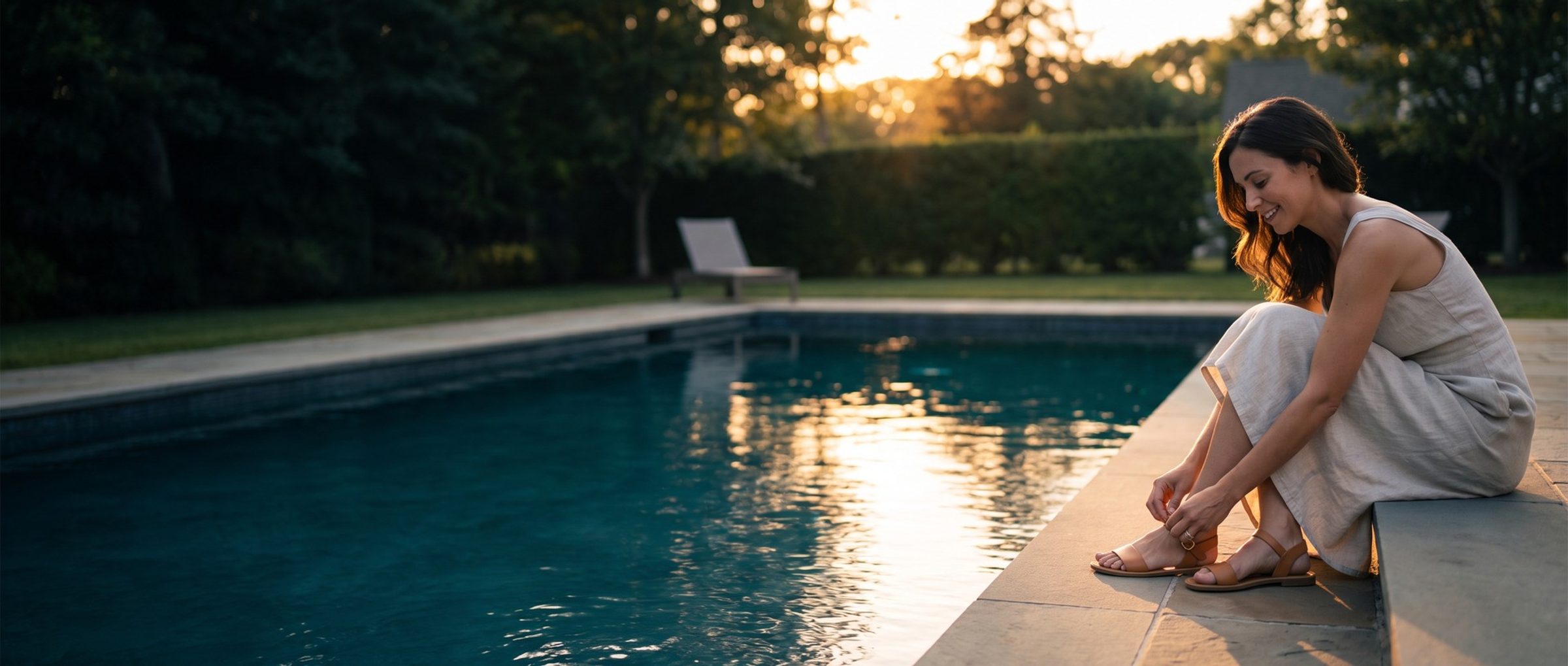 A woman sitting at the edge of a backyard pool at golden hour, fastening her sandals with a small smile