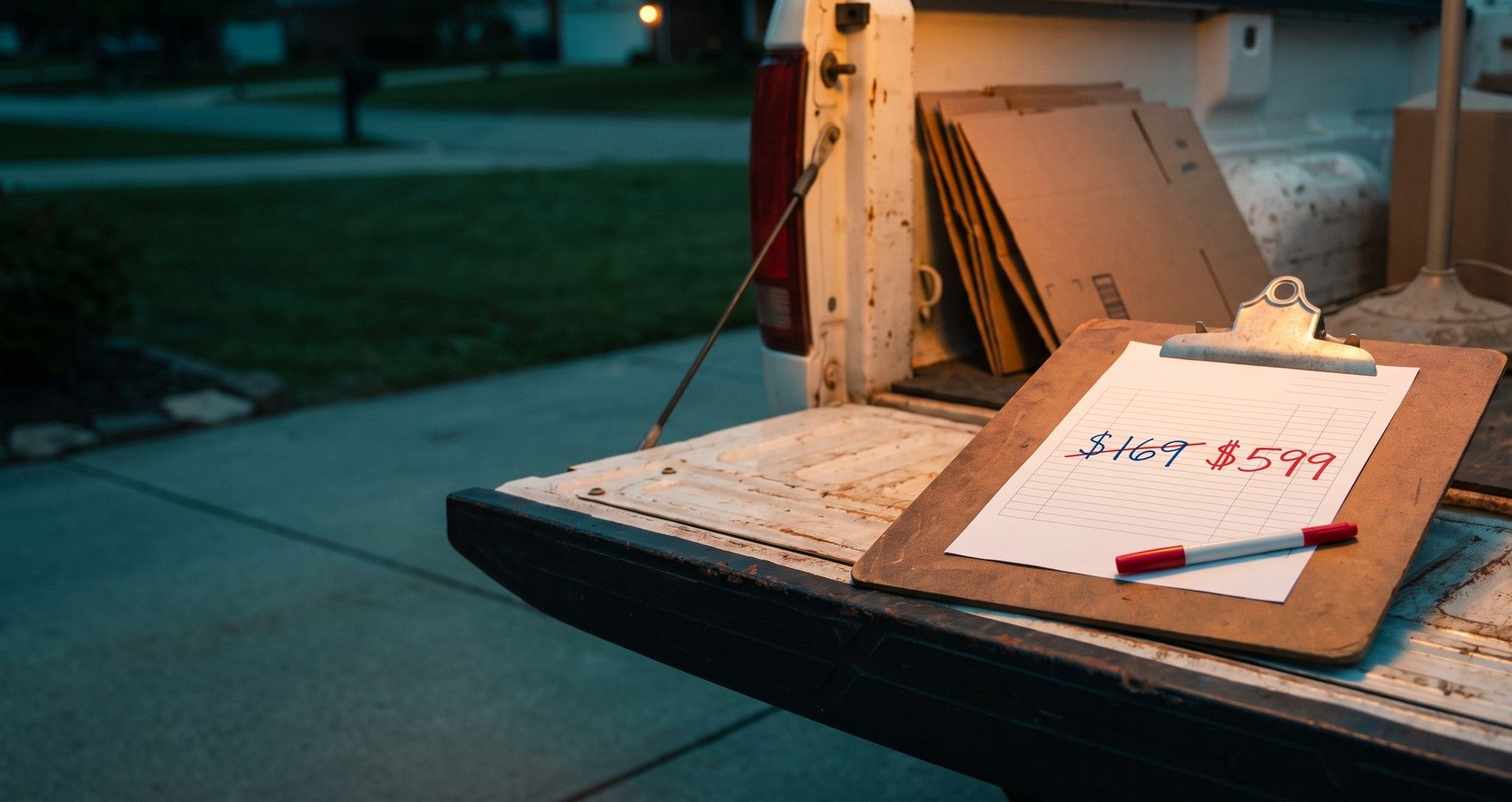A clipboard on the lowered tailgate of a junk removal truck at dusk holding a handwritten estimate with $169 crossed out and $599 written beside it in red marker, boxes and an old end table in the truck bed behind it