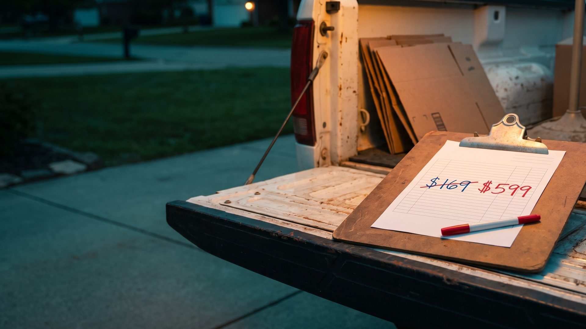 A clipboard on the lowered tailgate of a junk removal truck at dusk holding a handwritten estimate with $169 crossed out and $599 written beside it in red marker, boxes and an old end table in the truck bed behind it