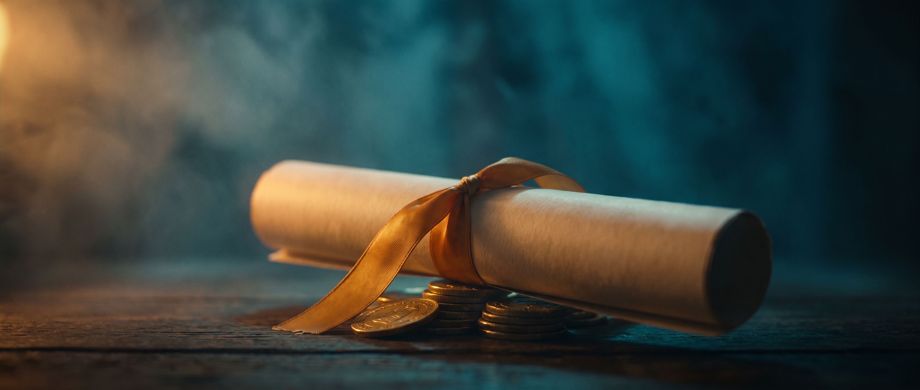 A rolled diploma scroll tied with a warm amber ribbon resting on a small stack of gold coins, deep teal shadow - tuition paid, a lesson bought.