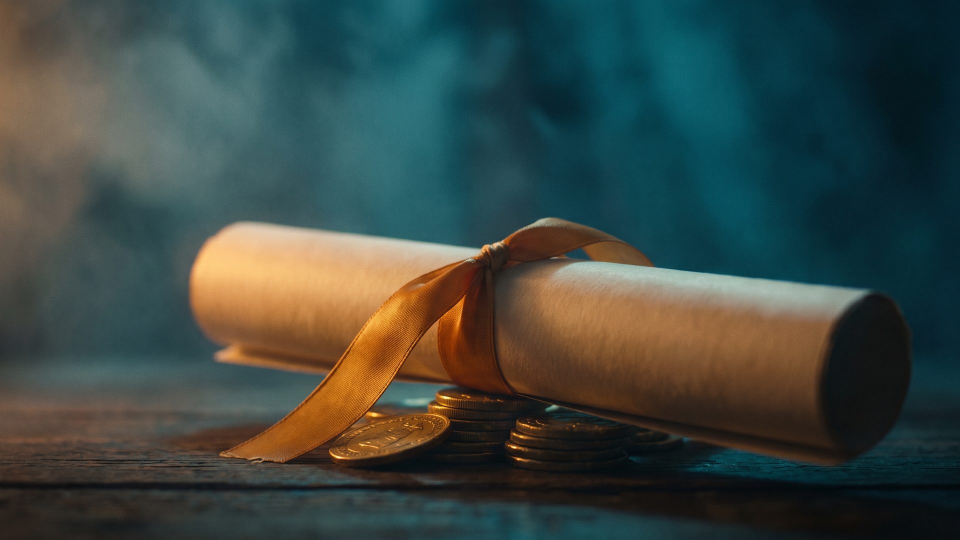 A rolled diploma scroll tied with a warm amber ribbon resting on a small stack of gold coins, deep teal shadow - tuition paid, a lesson bought.