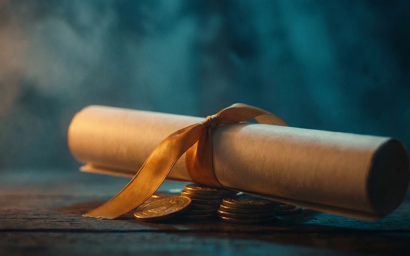 A rolled diploma scroll tied with a warm amber ribbon resting on a small stack of gold coins, deep teal shadow - tuition paid, a lesson bought.