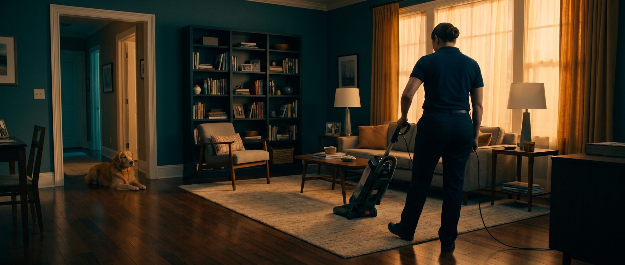 A house cleaner seen from behind vacuums a family living room while the family golden retriever lies in a doorway watching, with no one else home