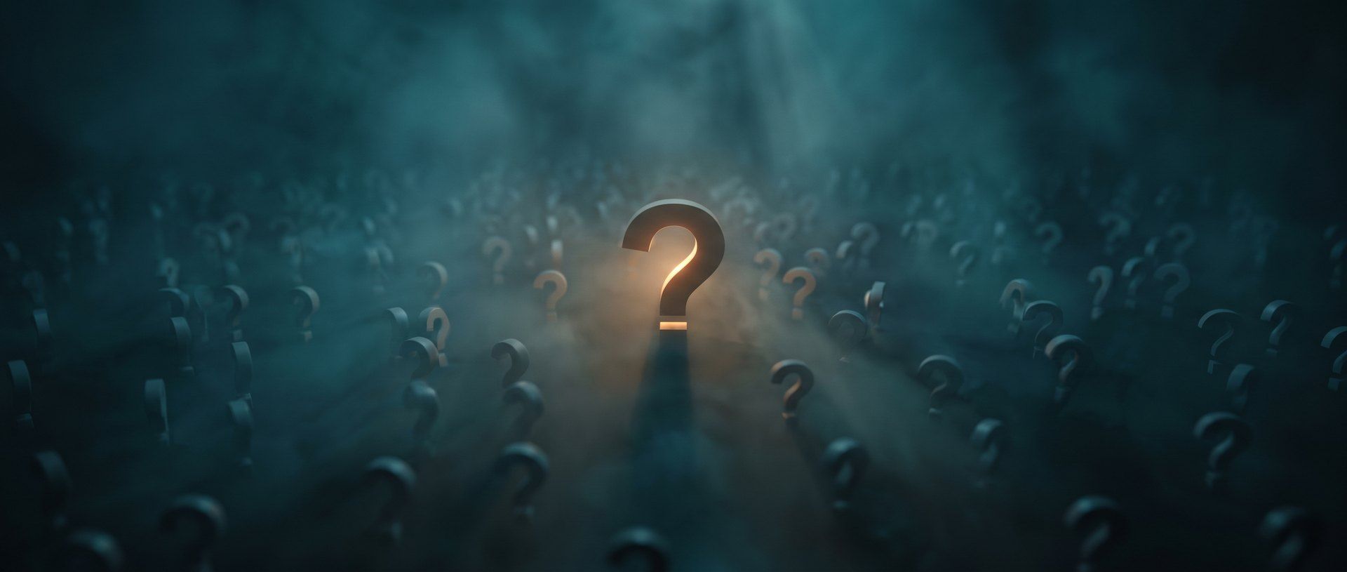 A single question mark glowing warm amber, spotlit among a crowd of dim grey question marks fading into teal darkness - the one real objection among the many a landing page ignores.