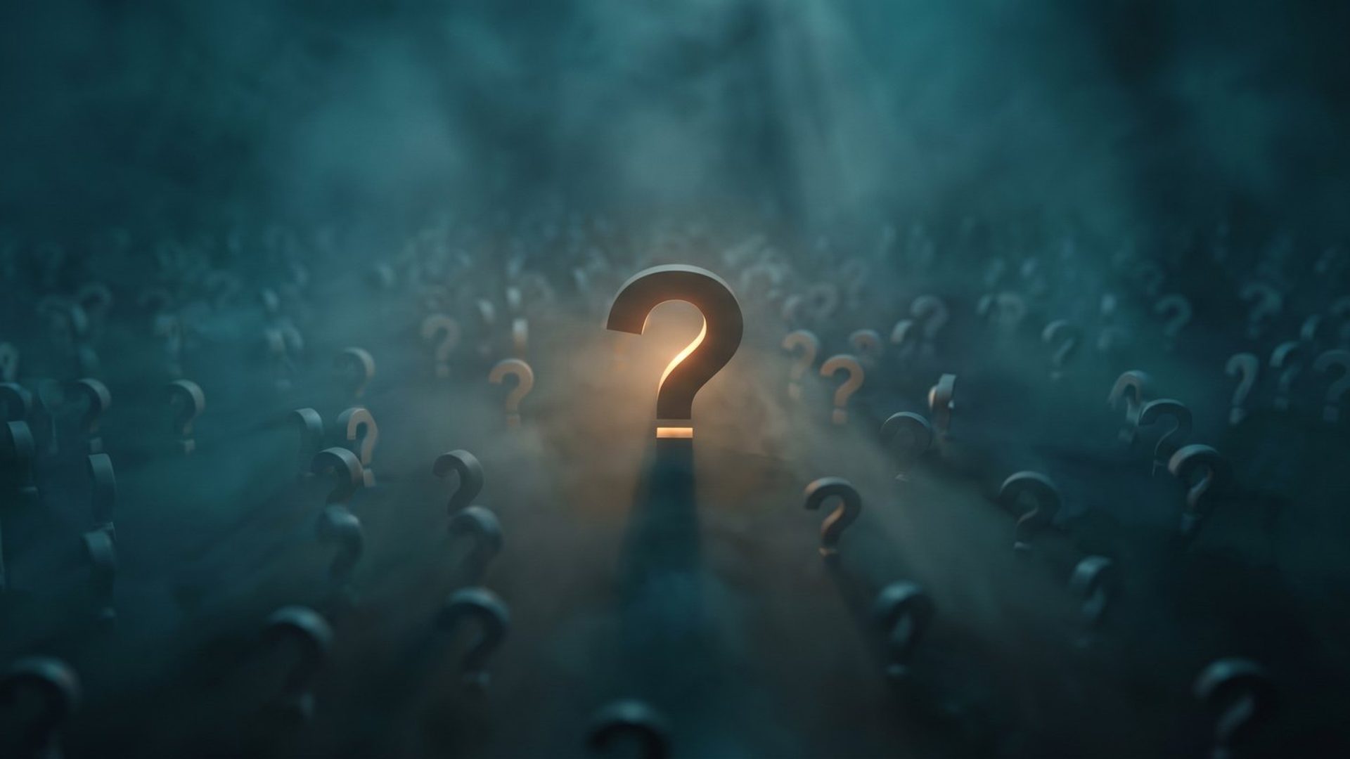 A single question mark glowing warm amber, spotlit among a crowd of dim grey question marks fading into teal darkness - the one real objection among the many a landing page ignores.