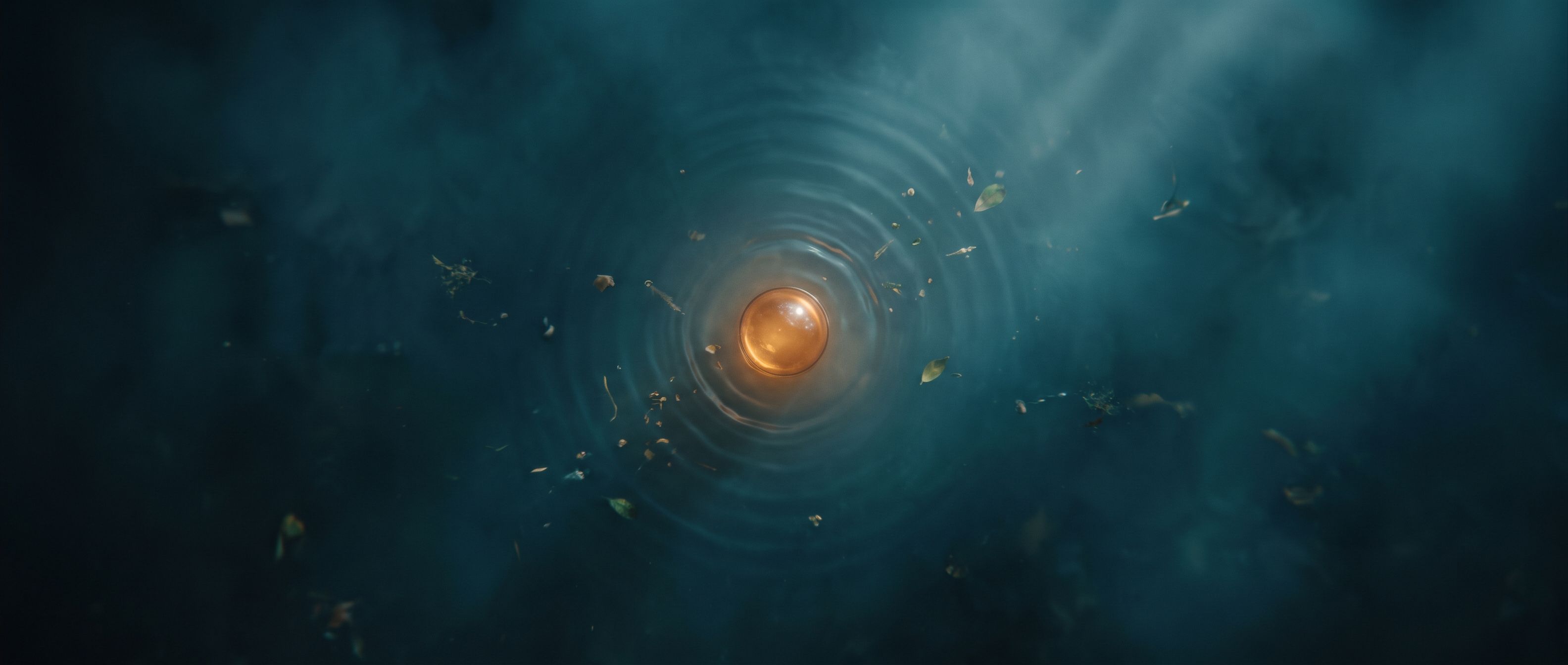 Overhead view of dark teal water with a single warm amber point of light at the center sending concentric ripples outward, small shapes drawn gently inward toward the glow - demand pulling the market toward you.