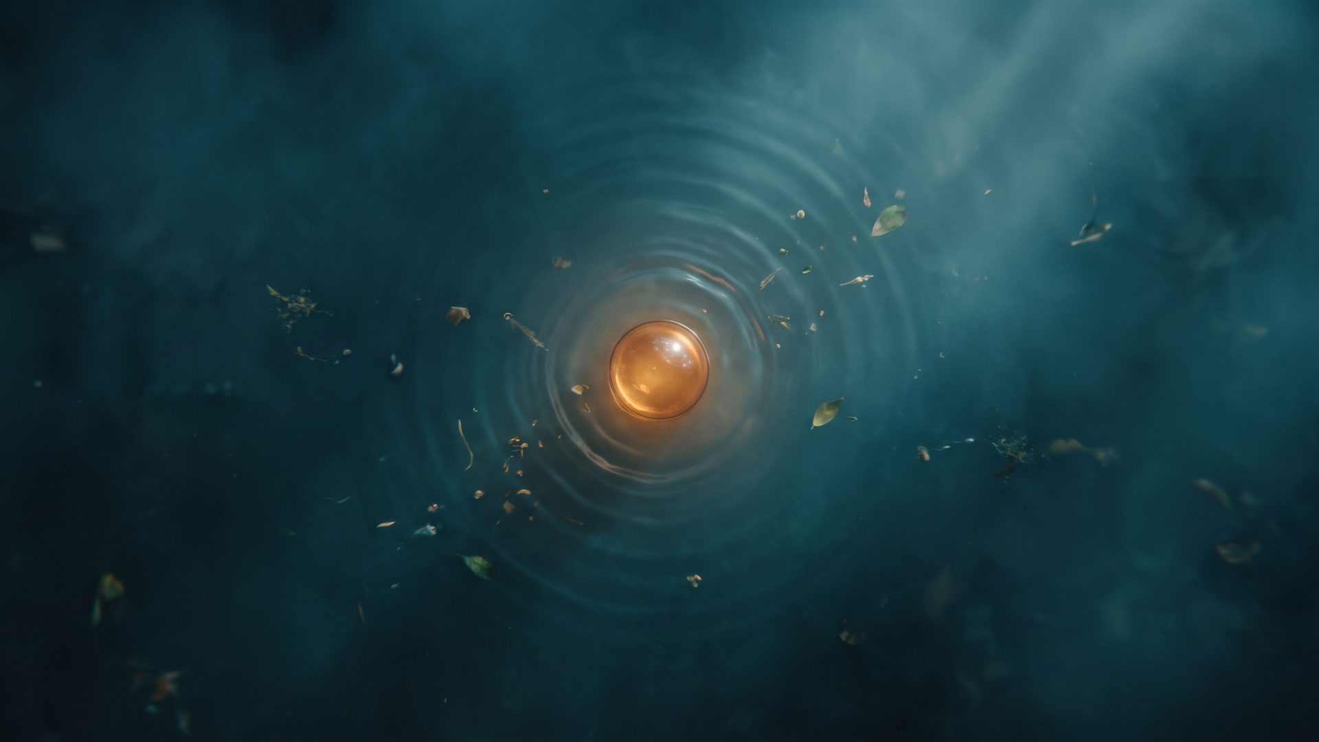 Overhead view of dark teal water with a single warm amber point of light at the center sending concentric ripples outward, small shapes drawn gently inward toward the glow - demand pulling the market toward you.