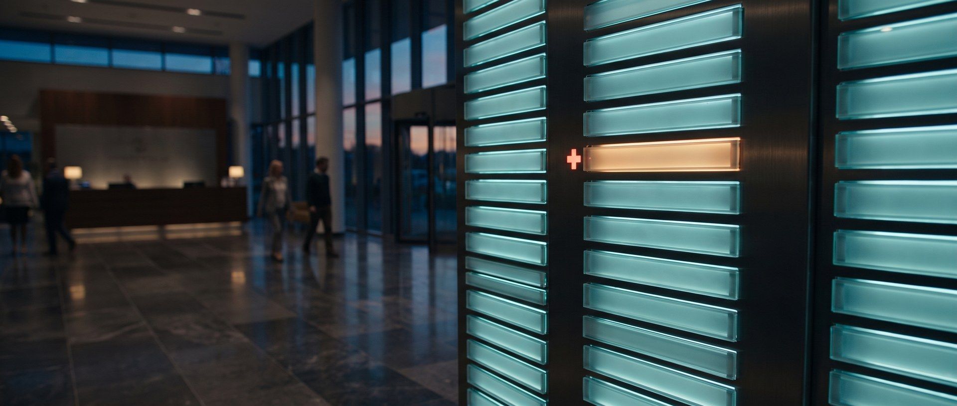 A hospital lobby at dusk with a tall wall directory of dozens of identical glowing teal plaques, one plaque lit warm amber beside a small red cross, visitors blurred in the background