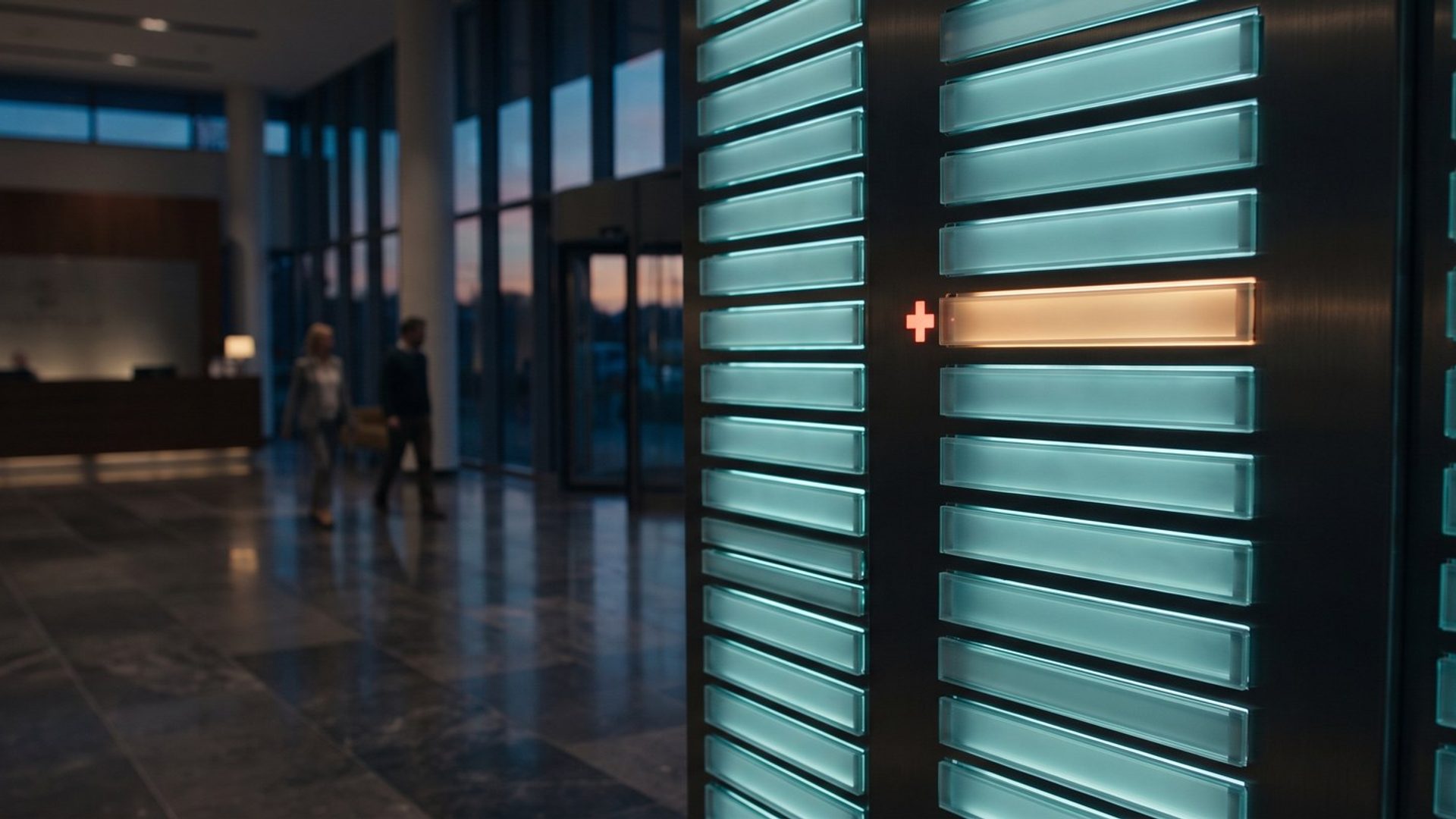 A hospital lobby at dusk with a tall wall directory of dozens of identical glowing teal plaques, one plaque lit warm amber beside a small red cross, visitors blurred in the background