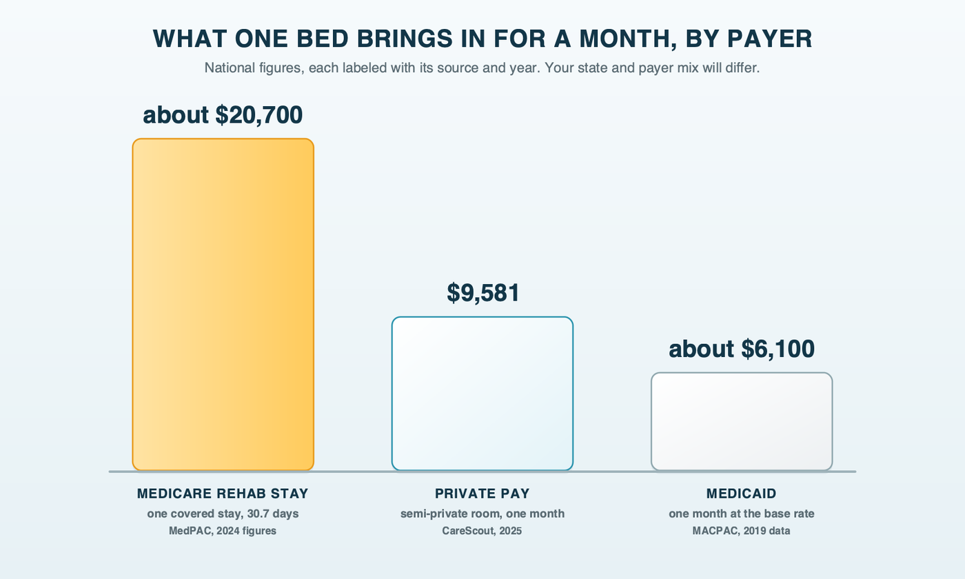 Three columns showing what one nursing home bed brings in over about a month: a Medicare rehab stay about $20,700 (MedPAC, 2024 figures), private pay $9,581 (CareScout, 2025) and Medicaid about $6,100 (MACPAC, 2019 base rate)