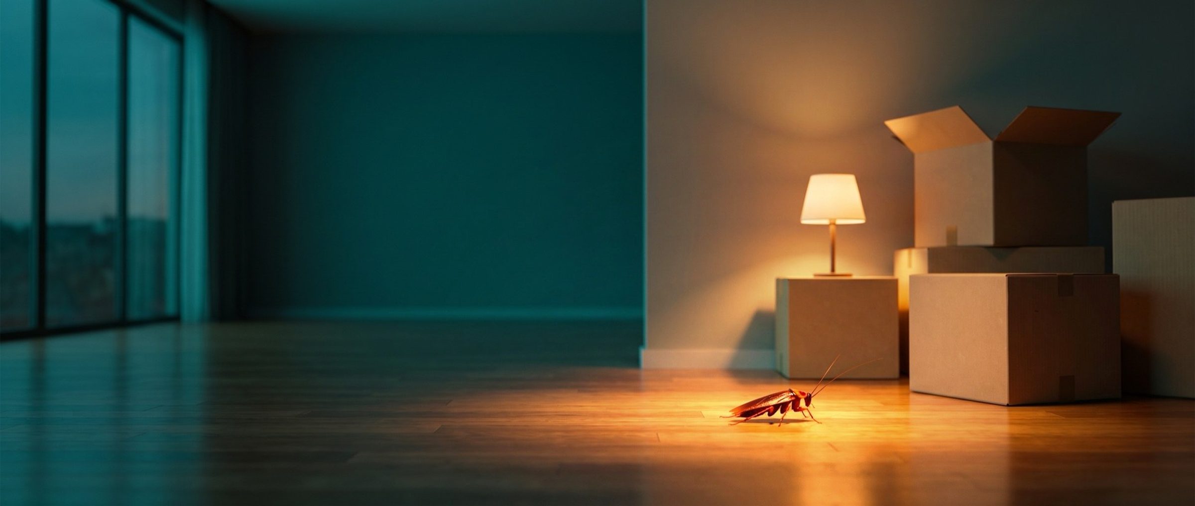 An empty living room in a just-bought house at dusk, moving boxes stacked by the wall under a small lamp, and a single cockroach crossing the lamplit floor