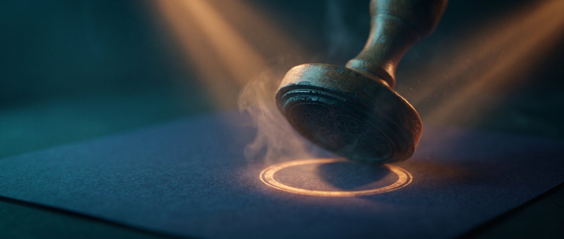 A wooden stamp pressing down and leaving a glowing amber ring of approval on a dark surface