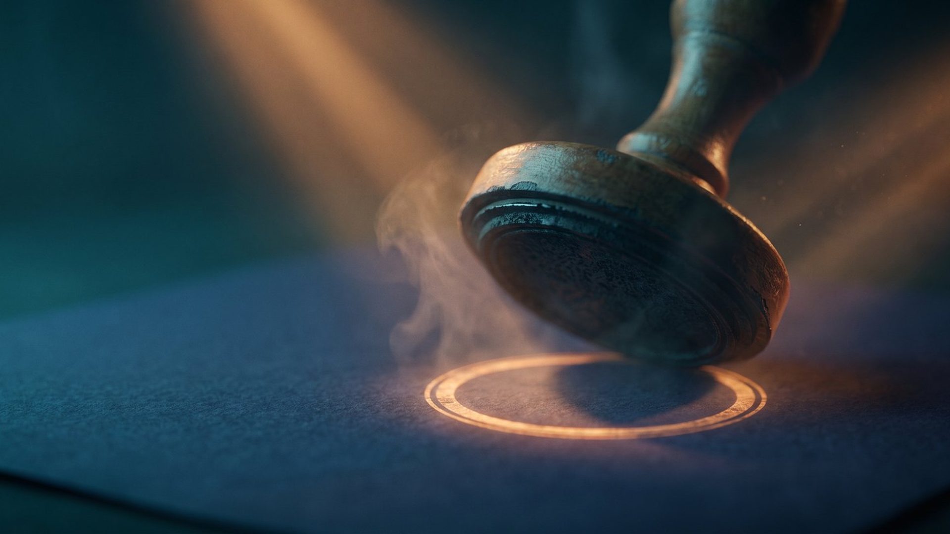 A wooden stamp pressing down and leaving a glowing amber ring of approval on a dark surface