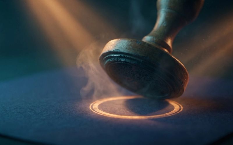 A wooden stamp pressing down and leaving a glowing amber ring of approval on a dark surface