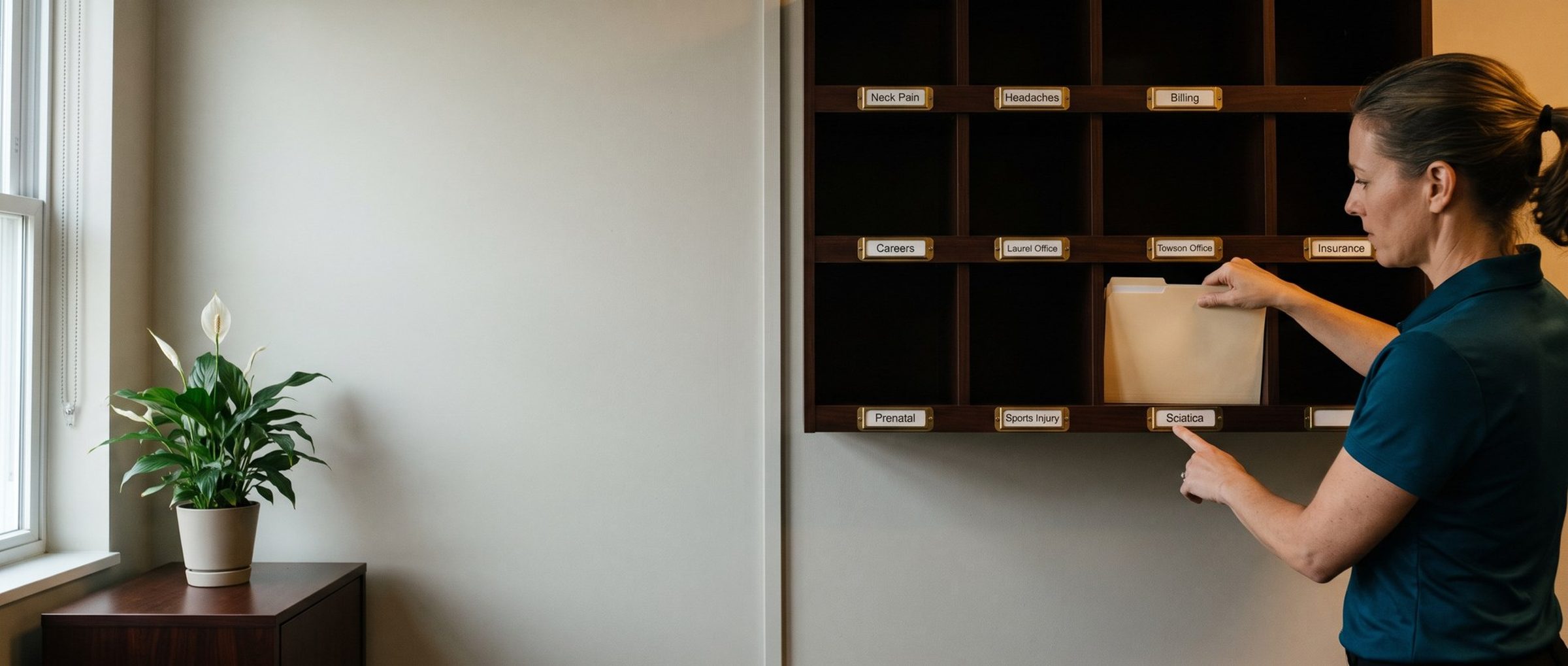 In a chiropractic back office, a staff member slides a patient folder into the cubby labeled Sciatica, among cubbies labeled Billing, Careers, Towson Office and Insurance