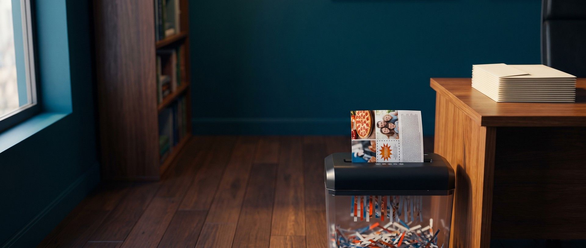 A teal accounting office in morning light: a glossy junk-mail flyer with a pizza photo and a coupon starburst is half fed into a paper shredder, while a neat stack of plain client envelopes sits untouched on the desk beside it