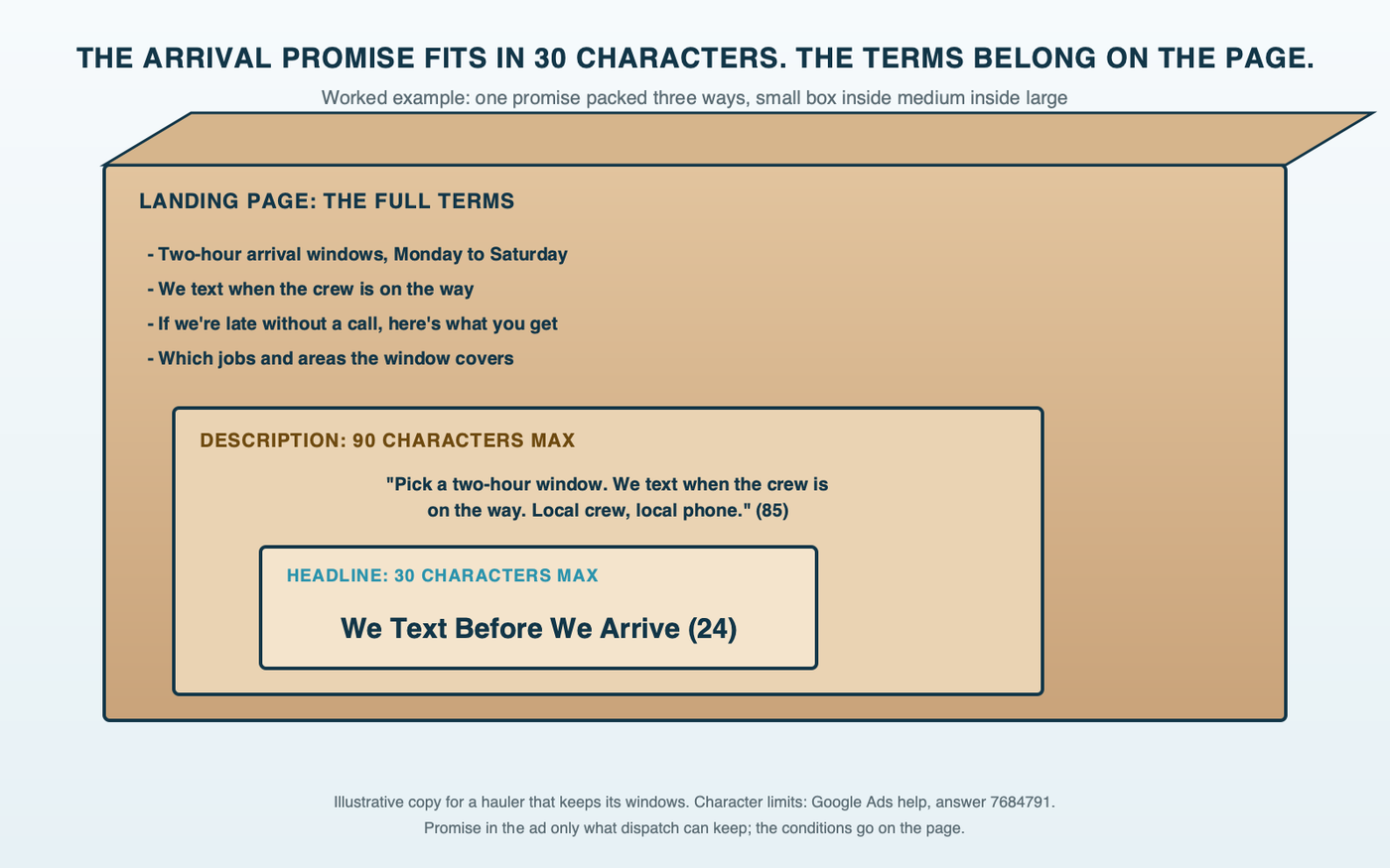 Nested moving box diagram: a worked example of one arrival promise in three sizes, a small box holding the 24-character headline We Text Before We Arrive, a medium box holding a 90-character description about a two-hour window and a call before the crew arrives, and a large box standing for the landing page that carries the full terms