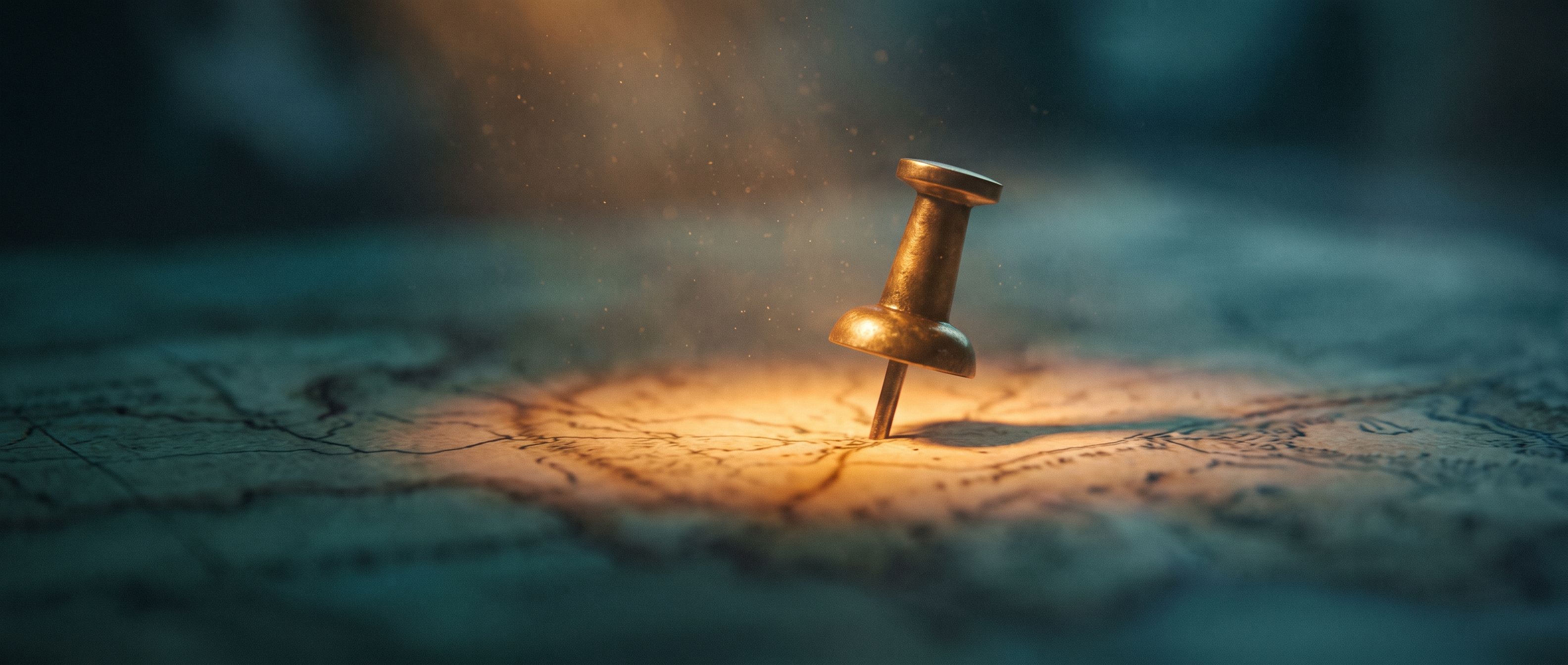 A single pin pressed into a paper map with a warm amber glow radiating from the pinned point into deep teal shadow - one exact local spot on the map.