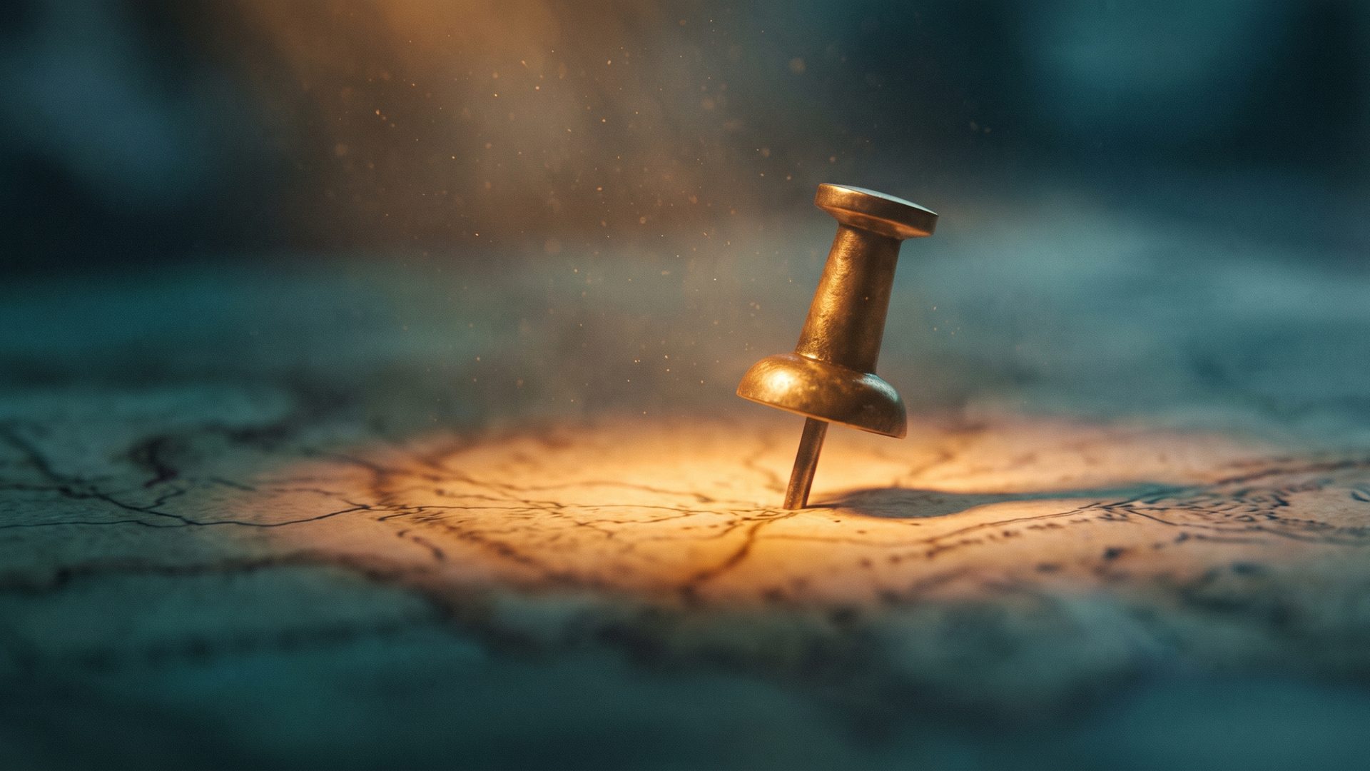 A single pin pressed into a paper map with a warm amber glow radiating from the pinned point into deep teal shadow - one exact local spot on the map.