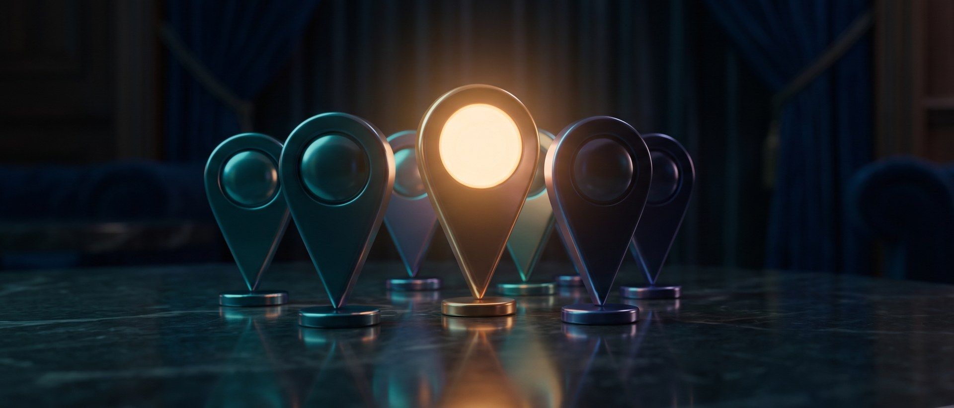 A cluster of location map pins with one glowing amber pin rising above the rest, representing the top spot in Local Services Ads.