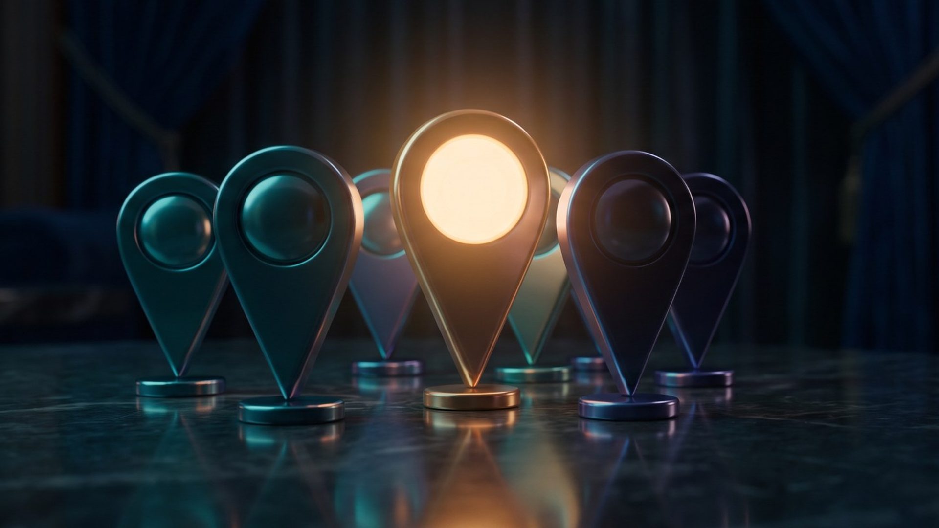 A cluster of location map pins with one glowing amber pin rising above the rest, representing the top spot in Local Services Ads.