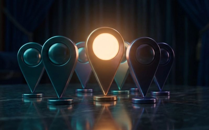 A cluster of location map pins with one glowing amber pin rising above the rest, representing the top spot in Local Services Ads.
