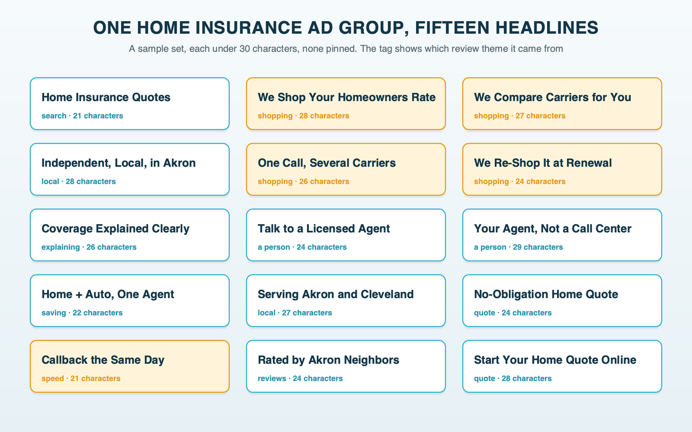 A grid of 15 sample headlines for a home insurance ad group, each under 30 characters and tagged with its source, such as shopping, explaining, speed, local and quote; none pinned