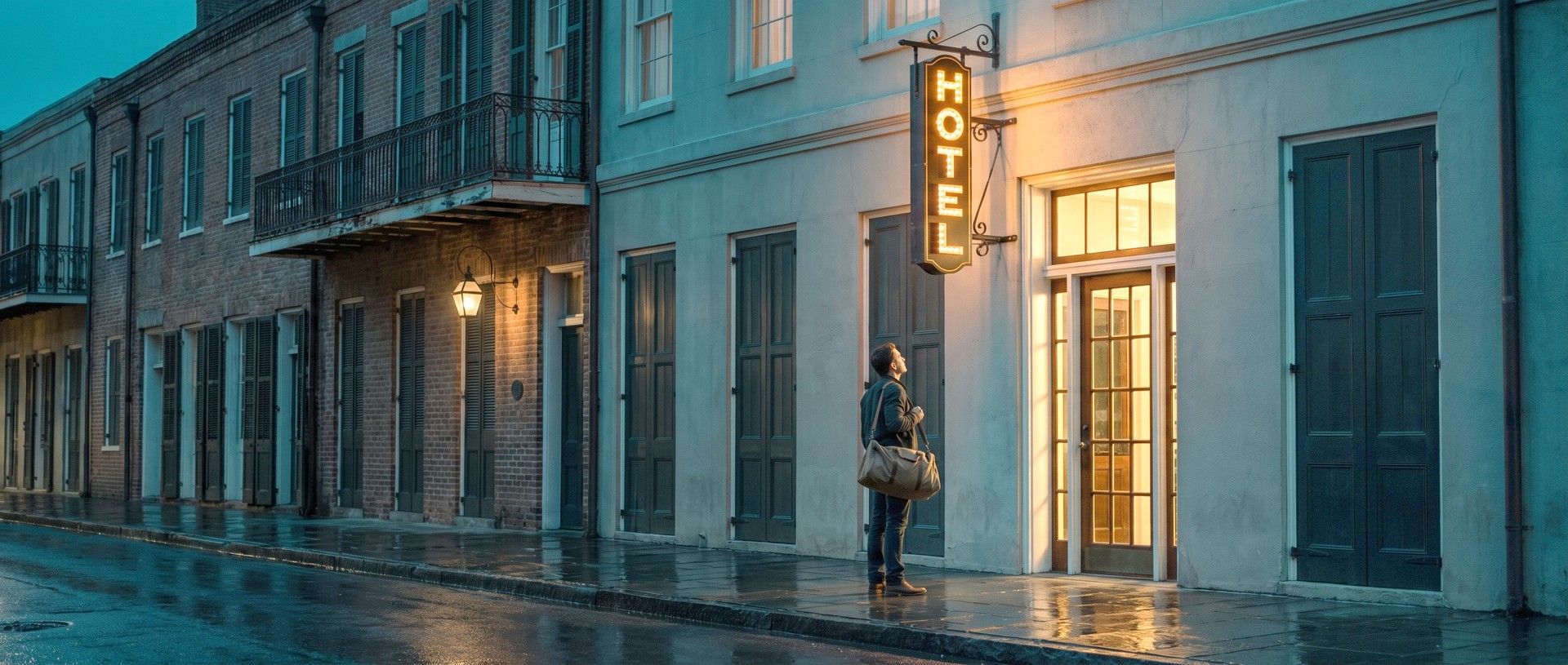A vertical marquee sign spelling HOTEL glowing over a lit glass-and-wood doorway on a rain-wet old street at night, a traveler with a canvas duffel stopping on the sidewalk to look up at it