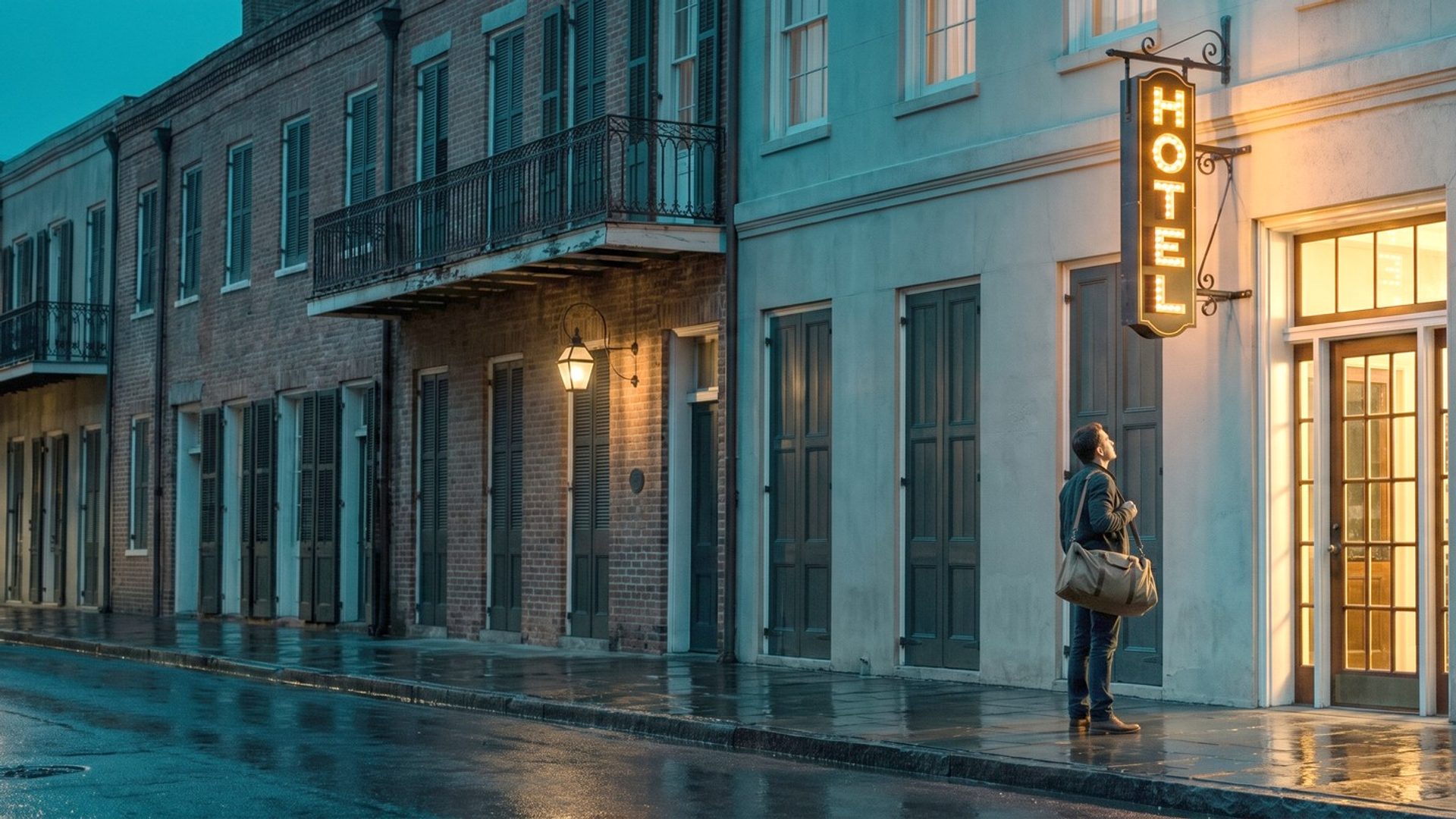 A vertical marquee sign spelling HOTEL glowing over a lit glass-and-wood doorway on a rain-wet old street at night, a traveler with a canvas duffel stopping on the sidewalk to look up at it