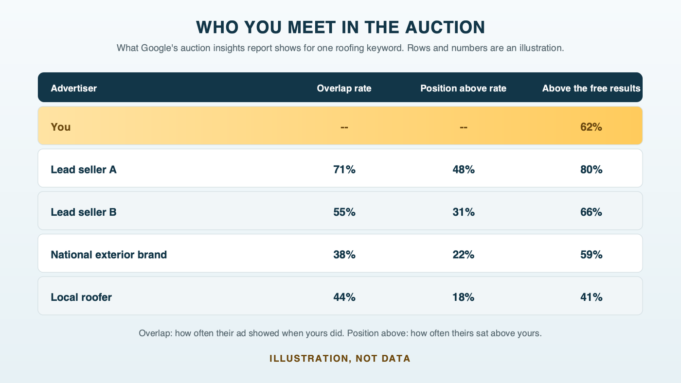 An illustrated auction insights table for one roofing keyword with anonymous rows for you, two lead sellers, a national remodeler and a local roofer, showing overlap rate, position above rate and top of page rate, labeled as an illustration and not data