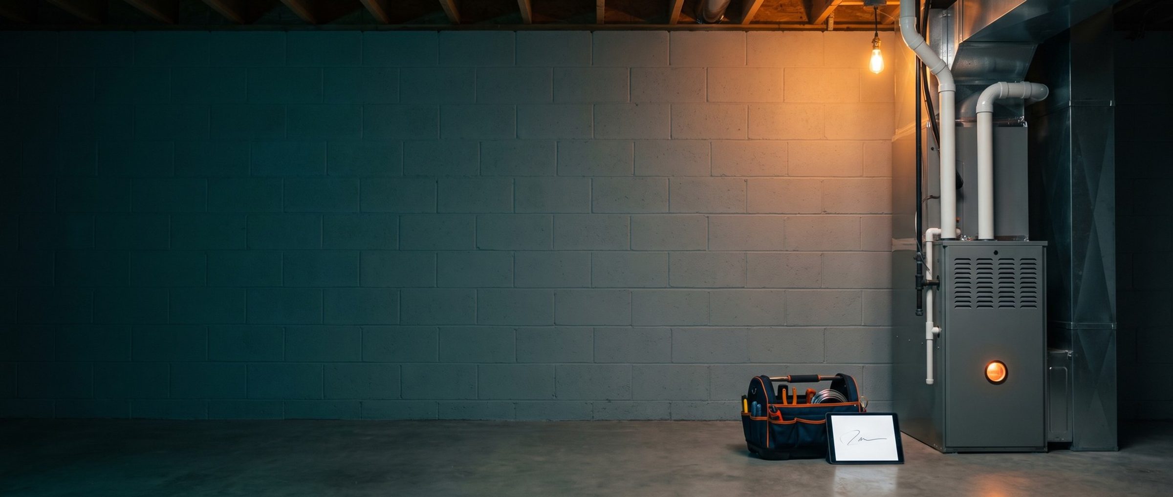 A long unfinished basement wall at dawn with a gas furnace at its far end running again, its round burner window glowing orange, and a technician's open tool bag and a tablet showing a signed blank page on the concrete floor in front of it
