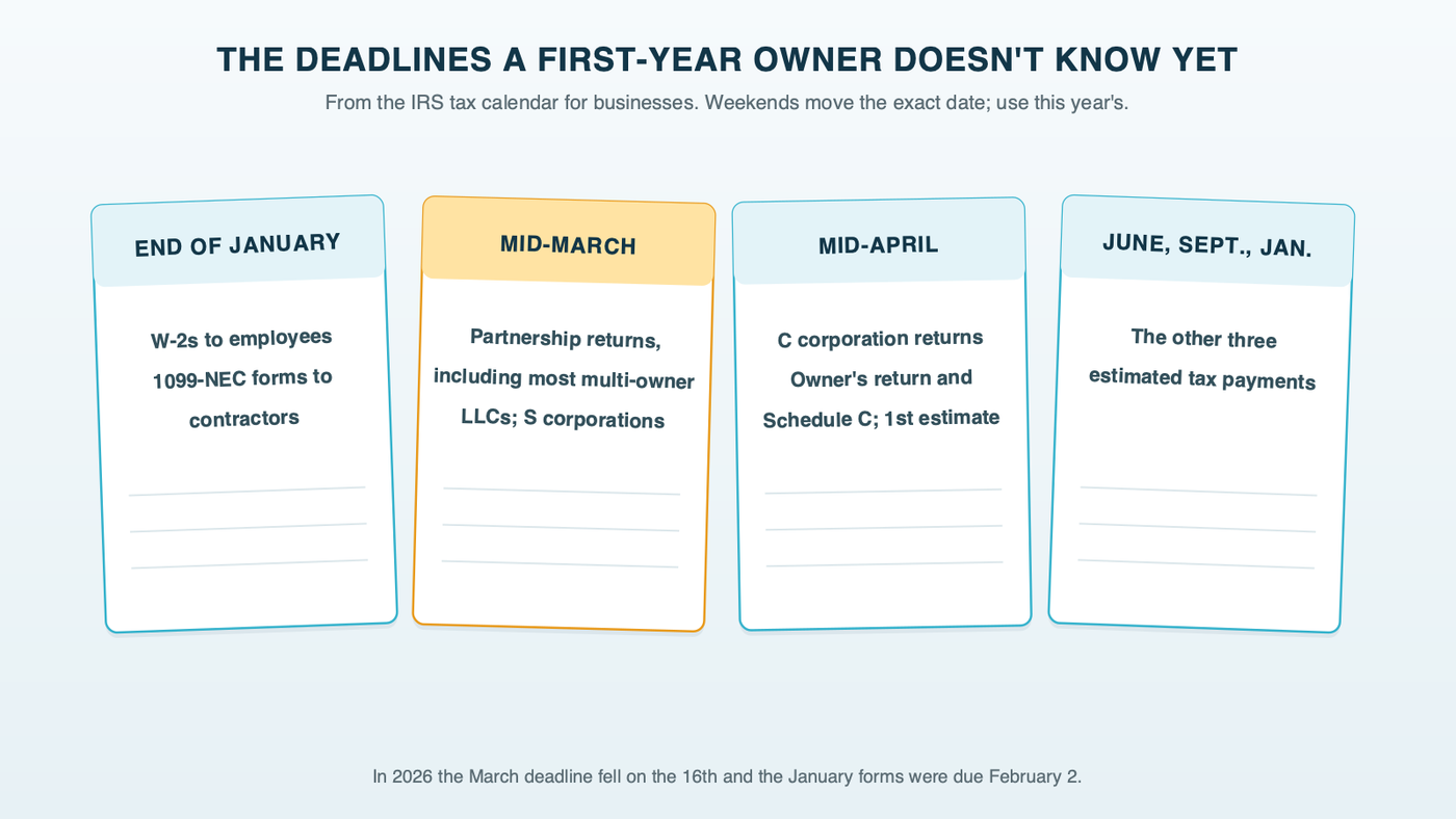 Four index cards titled the deadlines a first-year owner doesn't know yet: end of January for W-2s and 1099-NEC forms; mid-March for partnership and S corporation returns; mid-April for C corporation returns, Schedule C and the first estimated payment; and June, September and January for the remaining estimated payments
