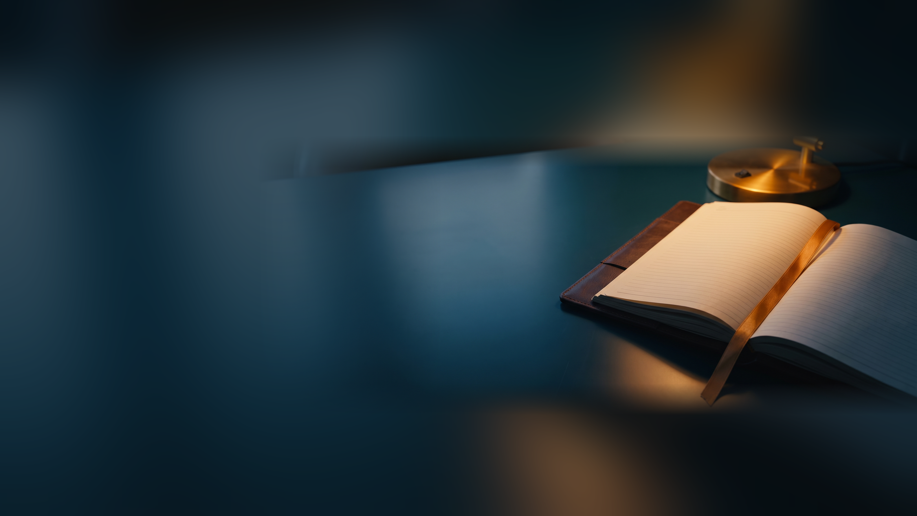 An open leather appointment book on a dark desk, one page marked with an amber ribbon under a brass lamp