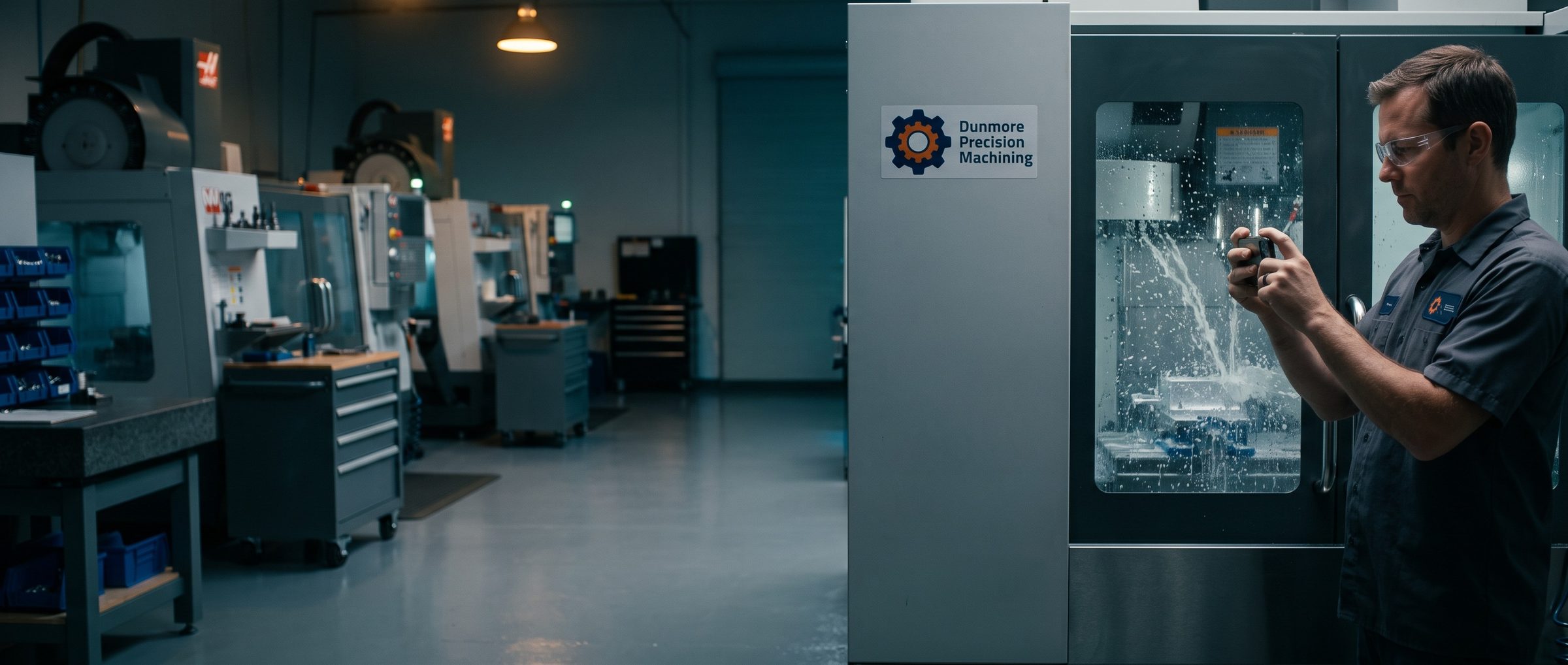 A Dunmore Precision Machining owner films a CNC machine cutting a part on his phone, coolant spraying behind the window