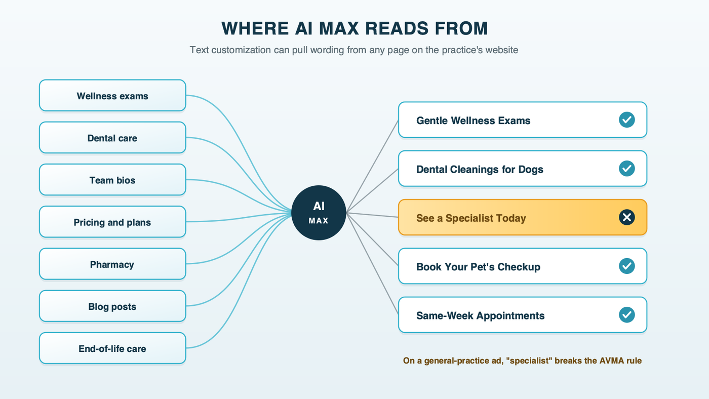 Where AI Max reads from: a vet practice's website, with wellness, dental, team bio, pricing, pharmacy, blog and end-of-life pages all feeding generated headlines. Most headlines are fine, but one, "See a Specialist Today" on a general-practice ad, is flagged as a problem