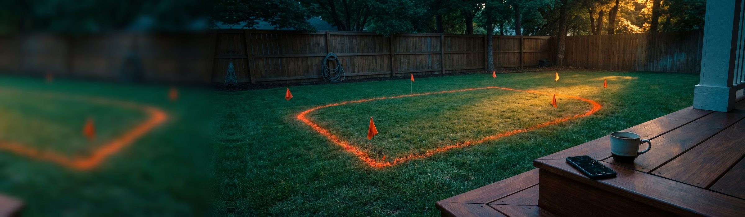 A backyard at dusk with the outline of a future patio sprayed on the lawn in glowing orange marking paint and small orange survey flags at its corners, and a dark phone and a coffee mug on the porch step in the foreground