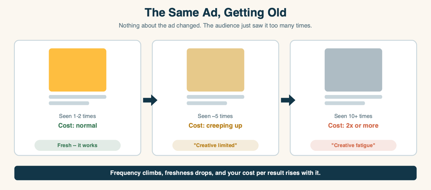 Three panels of the same ad getting greyer as it is seen more: seen once or twice it is fresh and costs normal, seen about five times the cost is creeping up and it is flagged Creative limited, seen ten-plus times it is grey and costs two times or more, flagged Creative fatigue.