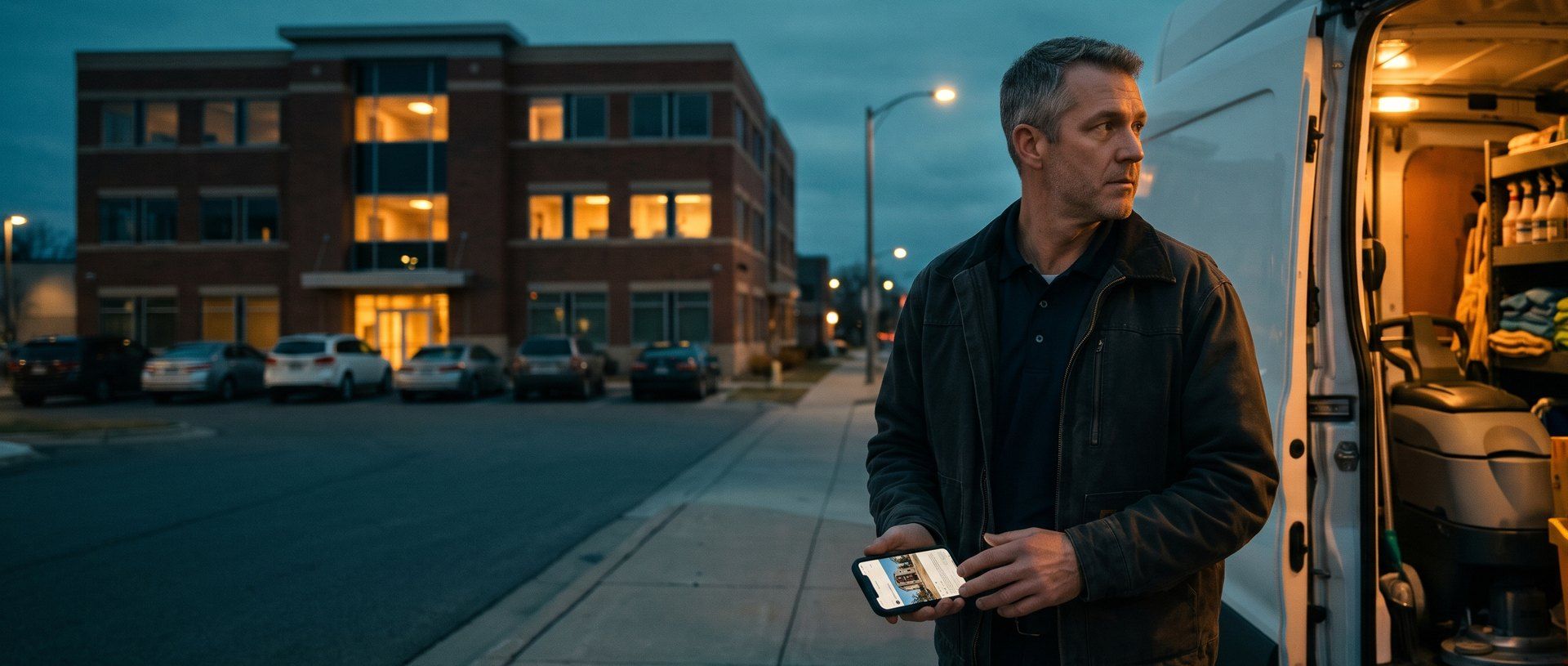 A commercial cleaning company owner stands beside his open work van at dusk, phone in hand, across the street from a lit three-story office building in his city