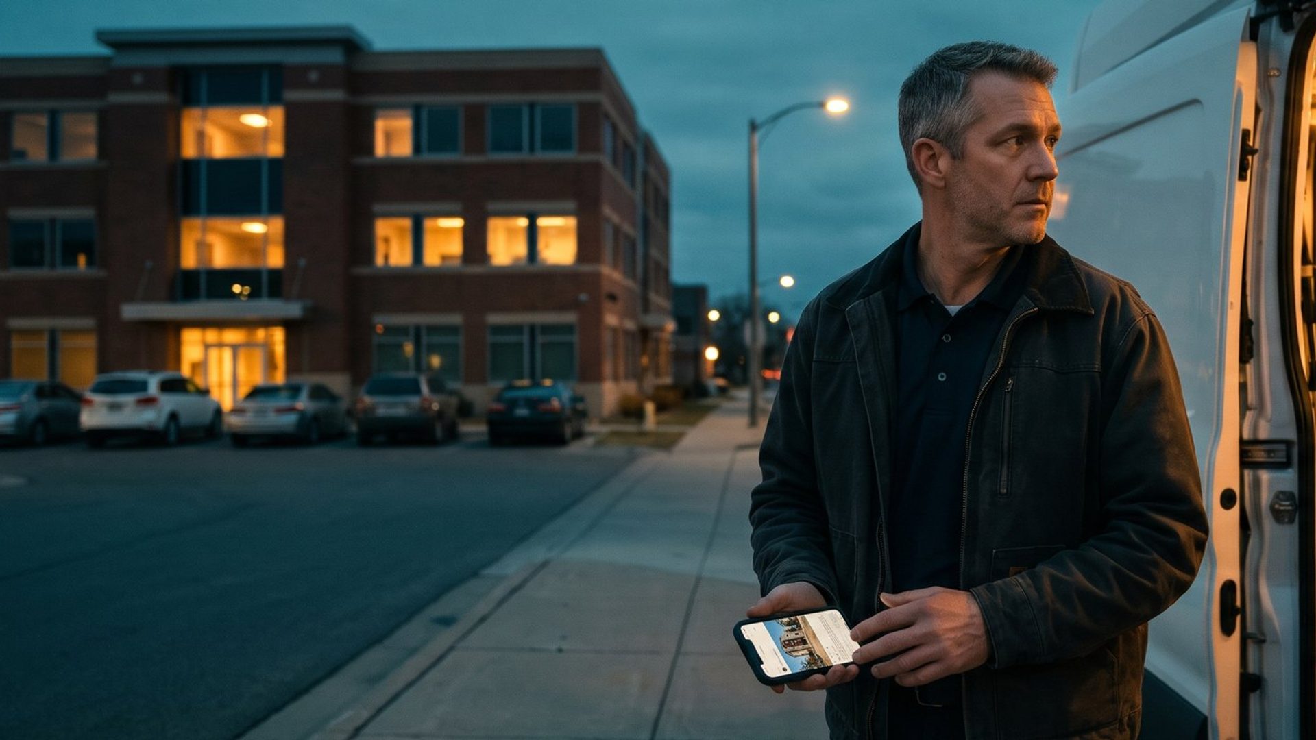 A commercial cleaning company owner stands beside his open work van at dusk, phone in hand, across the street from a lit three-story office building in his city