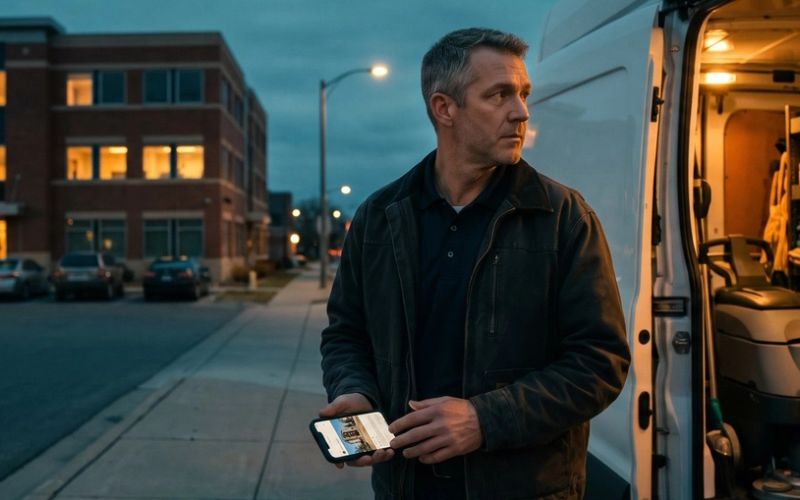 A commercial cleaning company owner stands beside his open work van at dusk, phone in hand, across the street from a lit three-story office building in his city