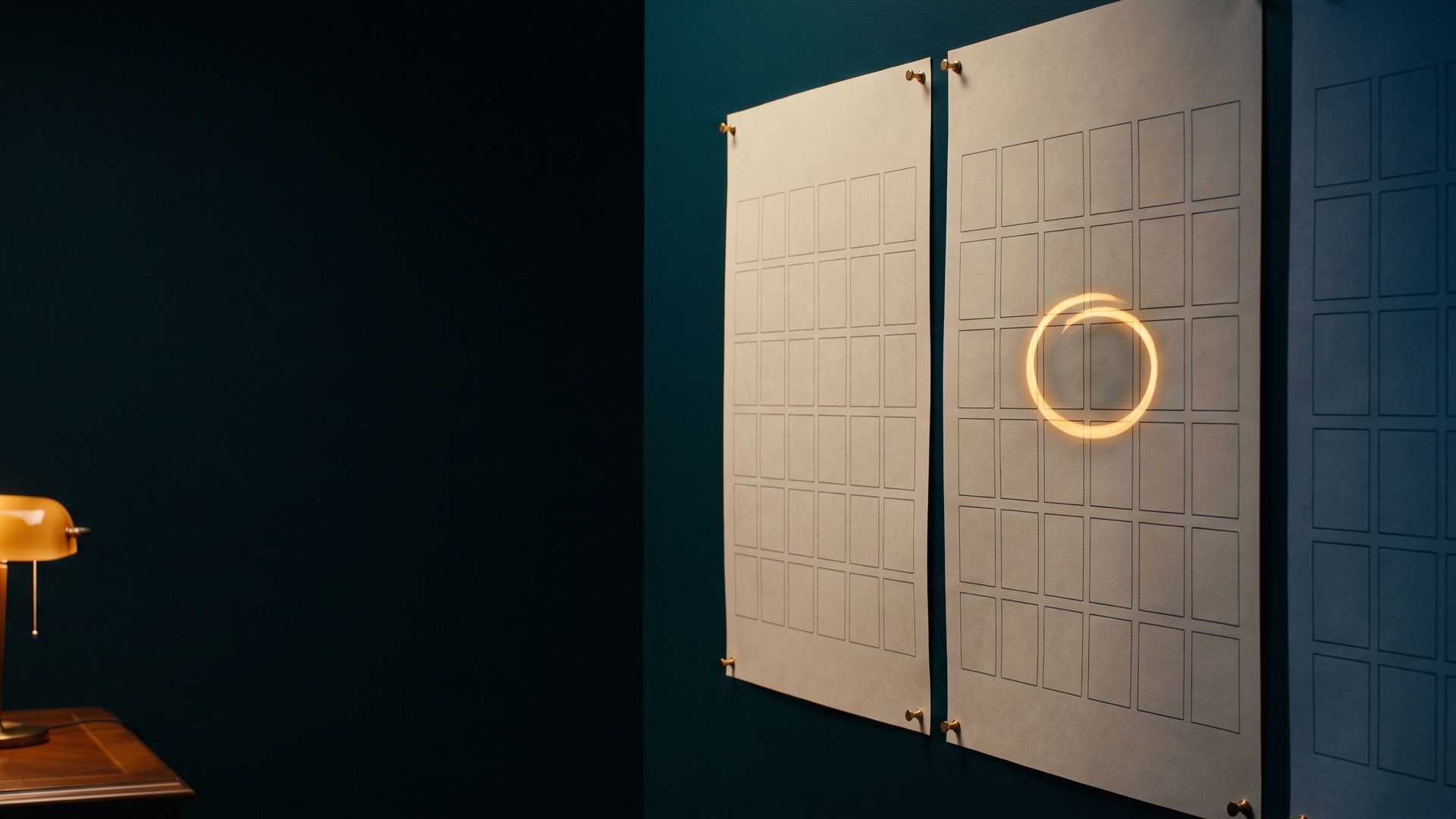 Three blank month calendar pages pinned to a dark teal wall, one day square circled in glowing amber, a small desk lamp lit at far left