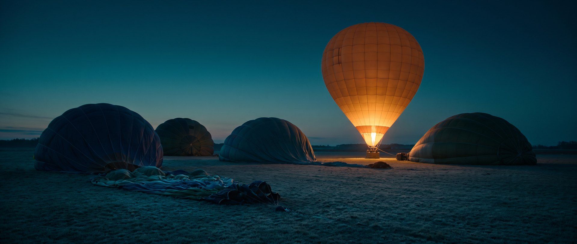 Five hot air balloons on a dark field before dawn. One is inflated and glowing from its burner; the other four lie collapsed and unlit.