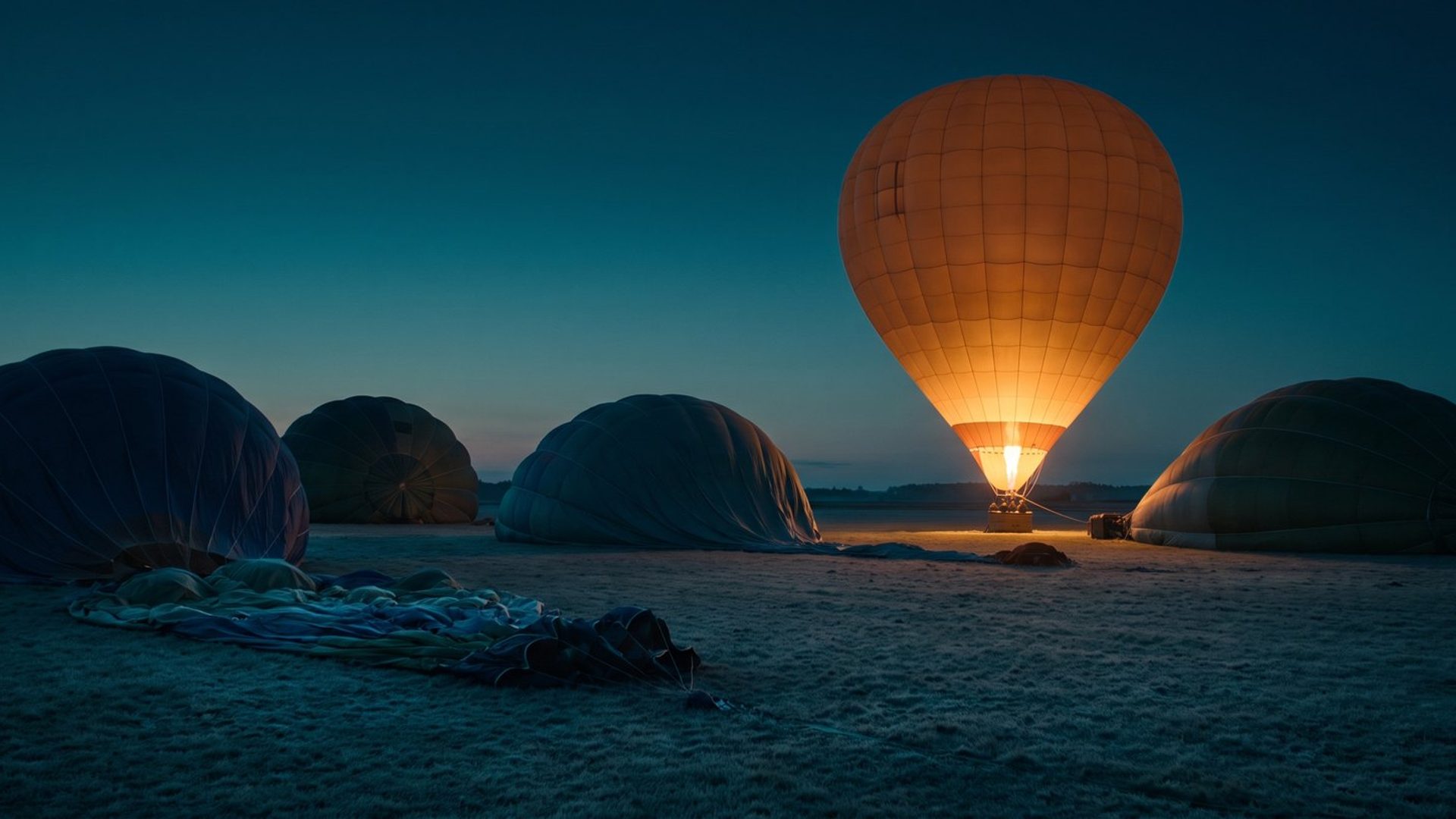 Five hot air balloons on a dark field before dawn. One is inflated and glowing from its burner; the other four lie collapsed and unlit.