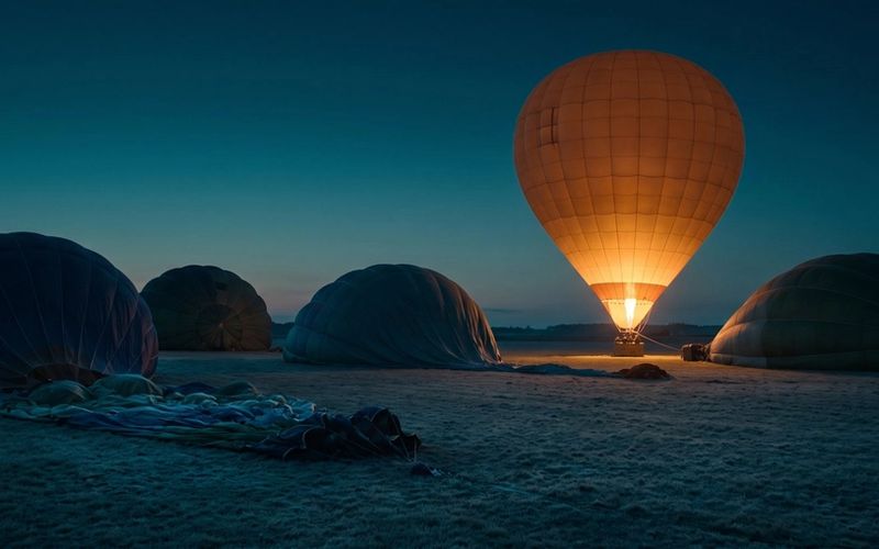Five hot air balloons on a dark field before dawn. One is inflated and glowing from its burner; the other four lie collapsed and unlit.