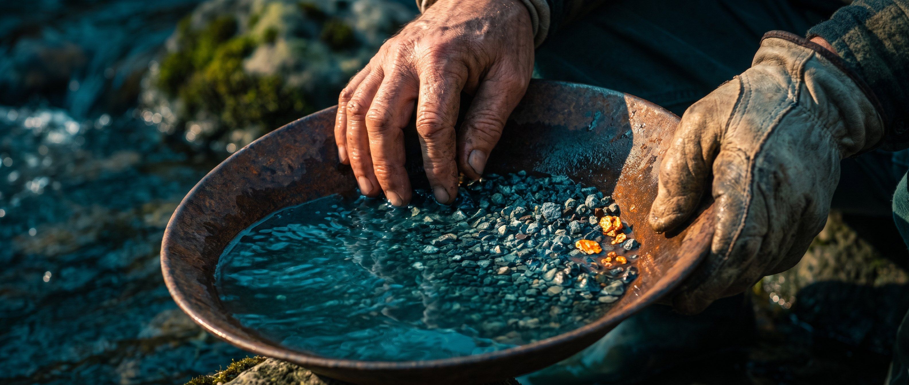 Two hands panning for gold in a stream, a few warm amber gold flecks separating out from cool teal gravel - sifting the ready buyers from the many who only clicked.