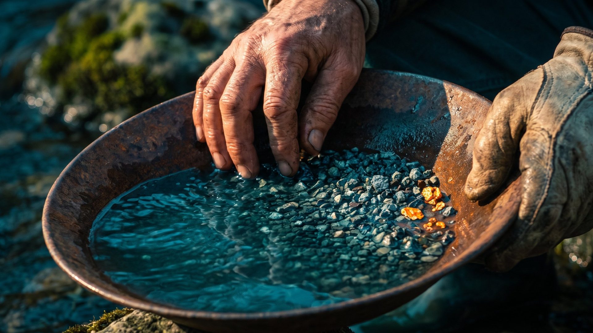 Two hands panning for gold in a stream, a few warm amber gold flecks separating out from cool teal gravel - sifting the ready buyers from the many who only clicked.