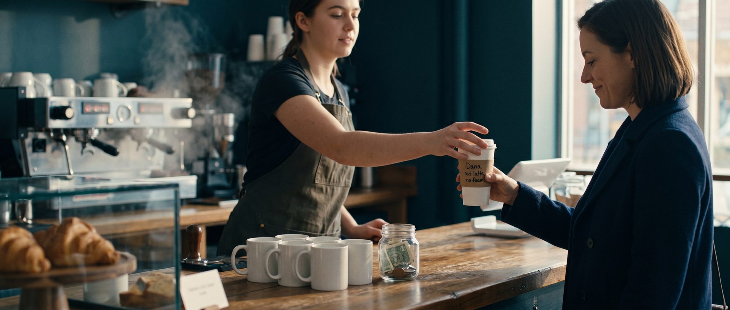 A barista in a sunny coffee shop hands a smiling customer a cup with her order handwritten on the sleeve: Dana, oat latte, no foam