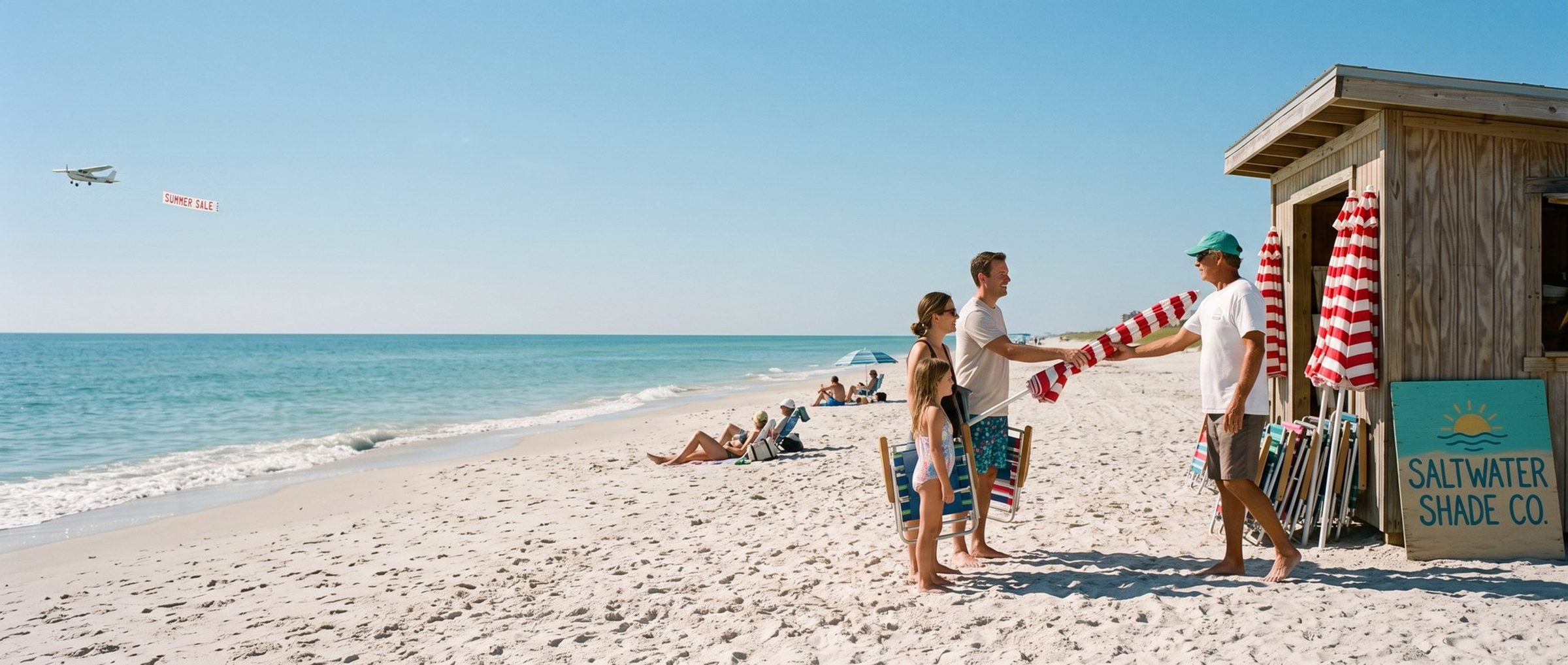 On a sunny beach, the owner of a Saltwater Shade Co. rental shack hands a striped umbrella to a smiling family while a small plane tows a Summer Sale banner over the water that nobody is watching