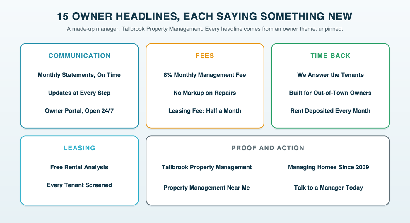 Fifteen owner headlines for a made-up manager, Tallbrook Property Management, grouped by the owner theme each came from: communication, fees, time back, leasing, and proof and action